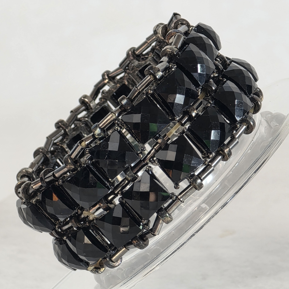 Vintage Black Glass Rhinestone Stretch Bracelet – 3 Row Prong Set Faceted Stones